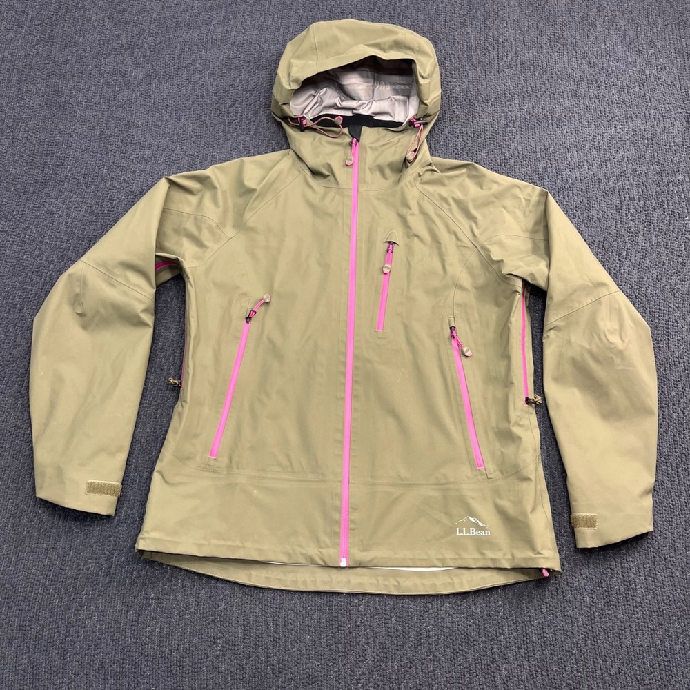LL Bean Waterproof Rain Jacket Olive Green Pink Trim Hooded Shell Misses Sz M